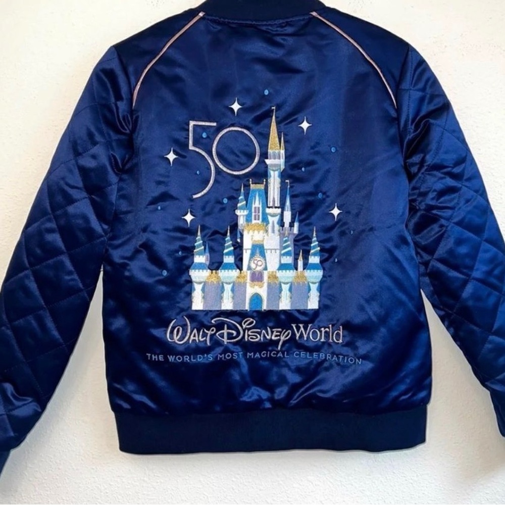 NWT Walt Disney World 50th Anniversary Blue Satin Bomber Jacket Size M